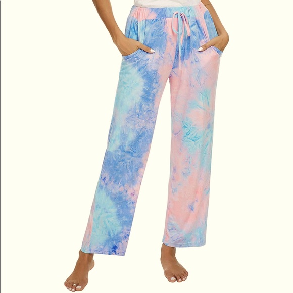 Pink & Blue Tye Dye Butter Soft Drawstring Lounge Sweatpants Pajama Comfy - Picture 8 of 13